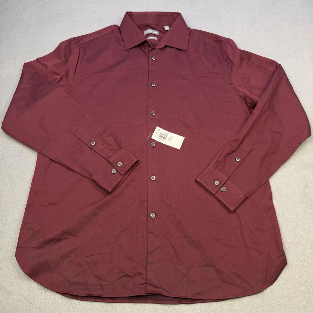 MICHAEL KORS Shirt Mens 17 34/35 Red Solid Slim Fit Twill Long Sleeve Dress